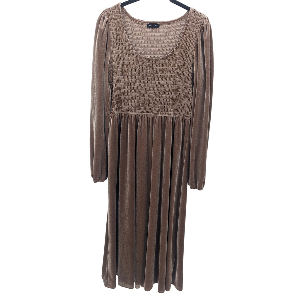 August Sky Dress Velvet Smocked Long Sleeve Women Large Brown Midi Boho Woodland